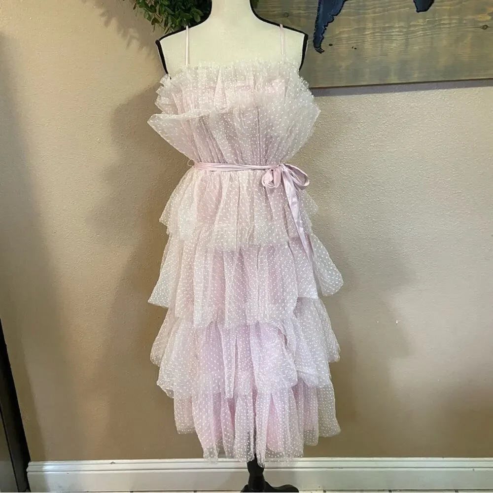 NWOT Lulus Wishing for Whimsy Blush Pink Swiss Dot Ruffle Tiered Midi Dr… - Picture 3 of 11